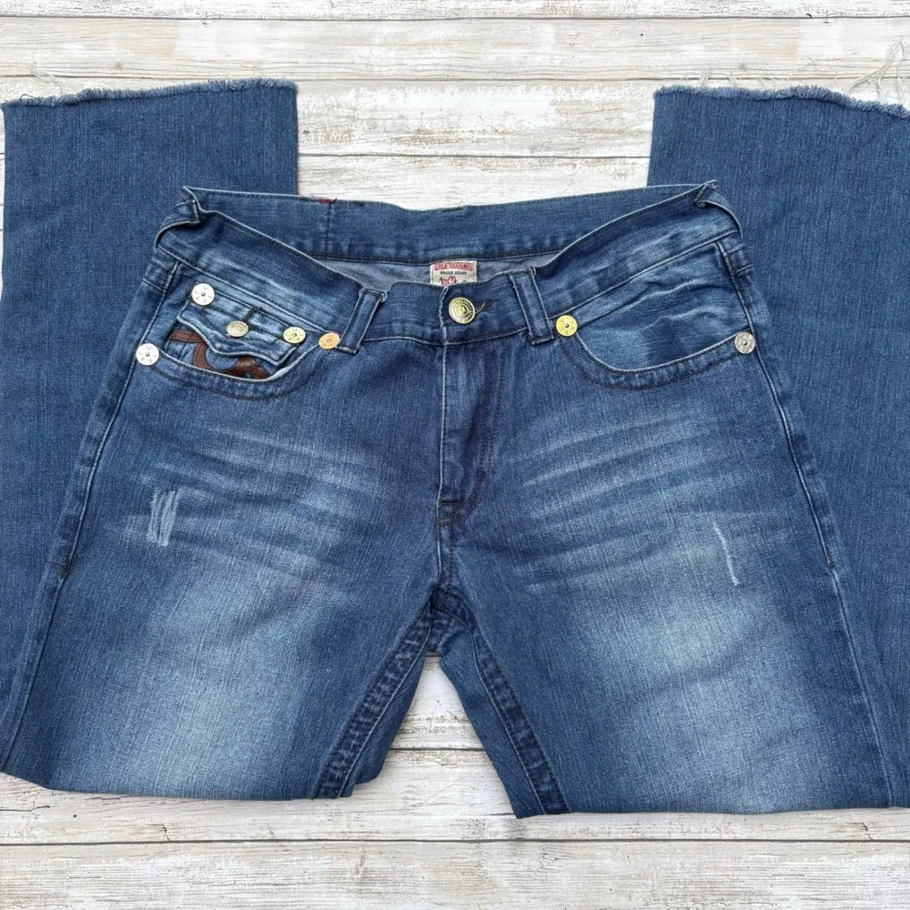 Y2K True Religion Billy Jeans 36 Blue Leather Horseshoe Faded Raw Hem Skater‎
